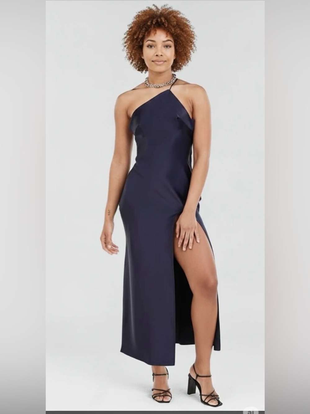 asos design One-Shoulder Strap Navy Midi Dress with Thigh Slit